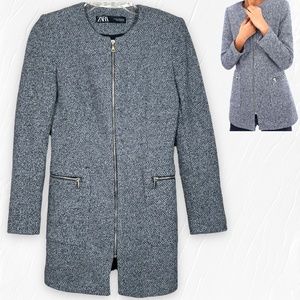 Zara Classic Car Coat Herringbone Zip-Front Lined Black & White Blazer Sz XS